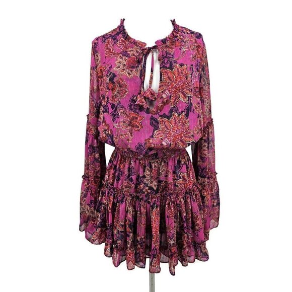 New Misa Leeva Mini Dress Womens S Fuchsia Batik Pink Sheer Chiffon Bell Sleeves - Picture 2 of 9